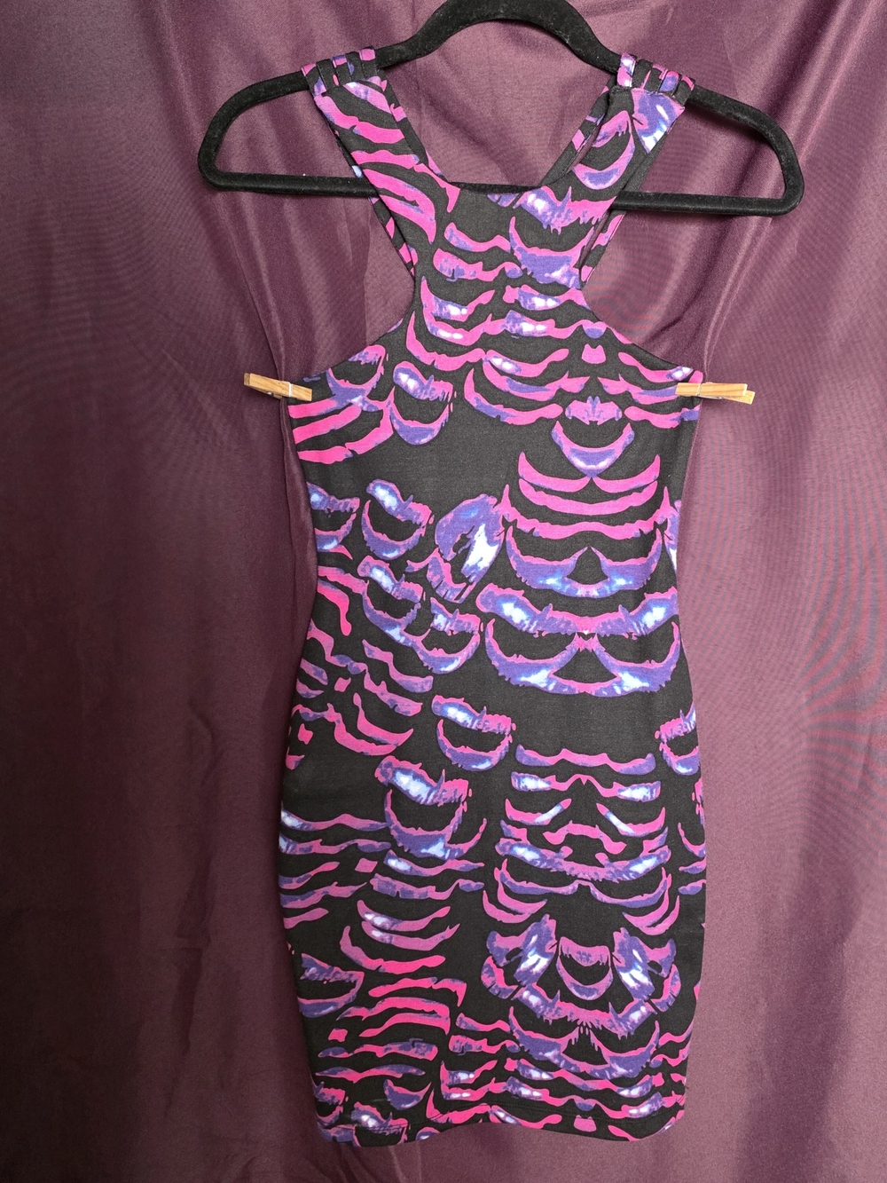 Kardashian Kollection black, blue, pink and purple lipstick mark bodycon dress.